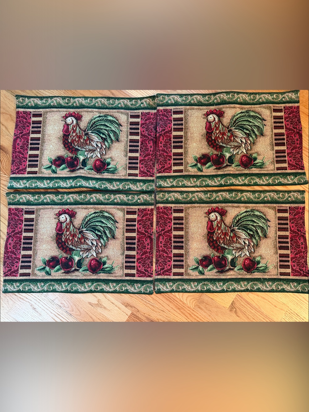 Rooster Tapestry Placemat Set - Red, Green, Beige